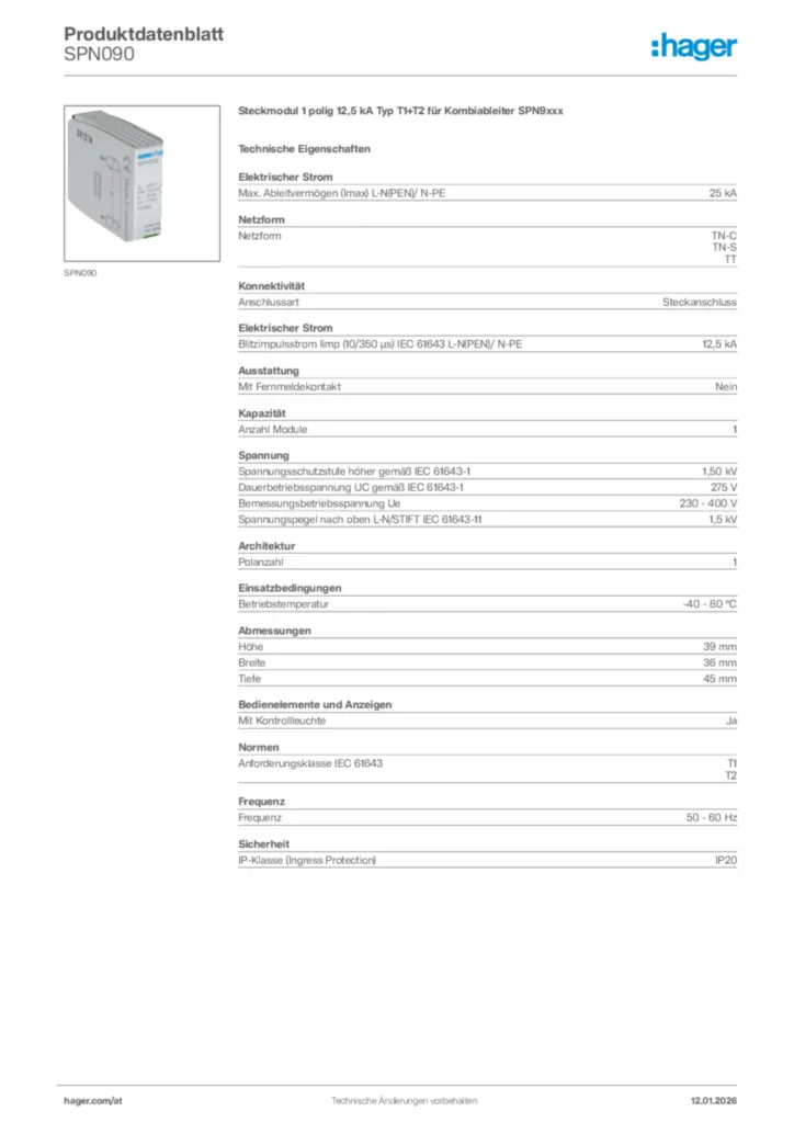 Bild Hager Produktdatenblatt SPN090 | Hager Deutschland