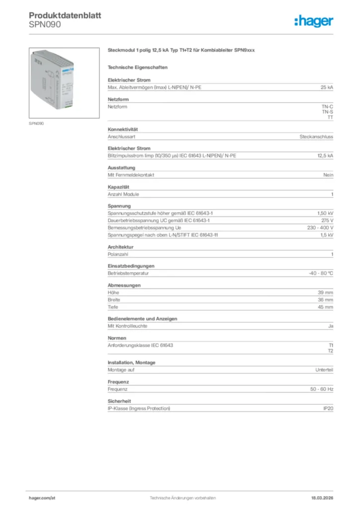 Bild Hager Produktdatenblatt SPN090 | Hager Deutschland