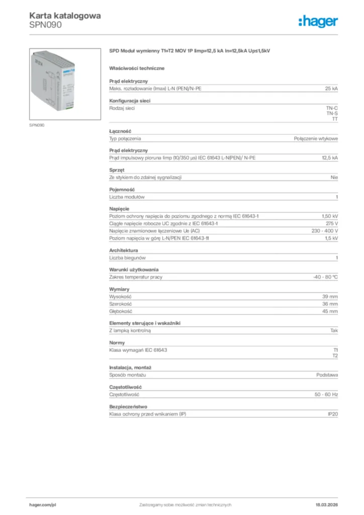 Zdjęcie Hager Karta katalogowa SPN090 | Hager Polska