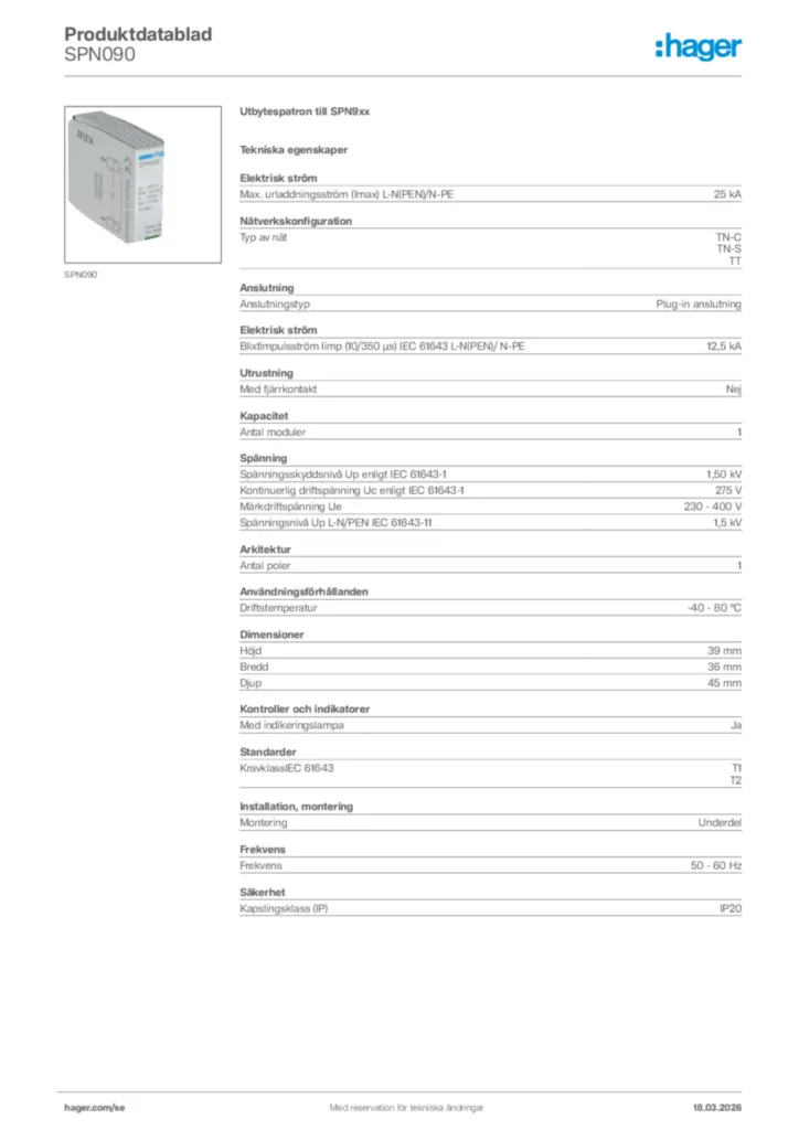 Bild Hager Produktdatablad SPN090 | Hager Sverige