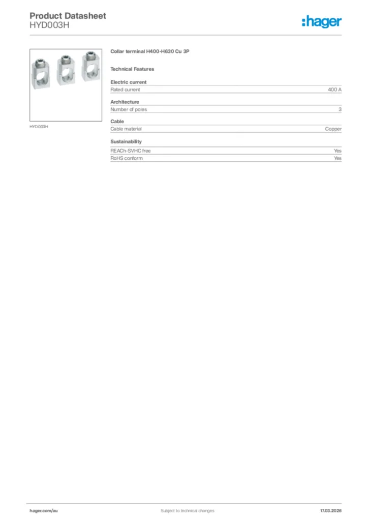 Image Hager Product data sheet HYD003H  | Hager Australia