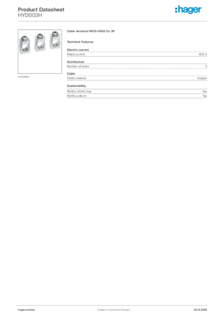 Image Hager Product data sheet HYD003H  | Hager Australia