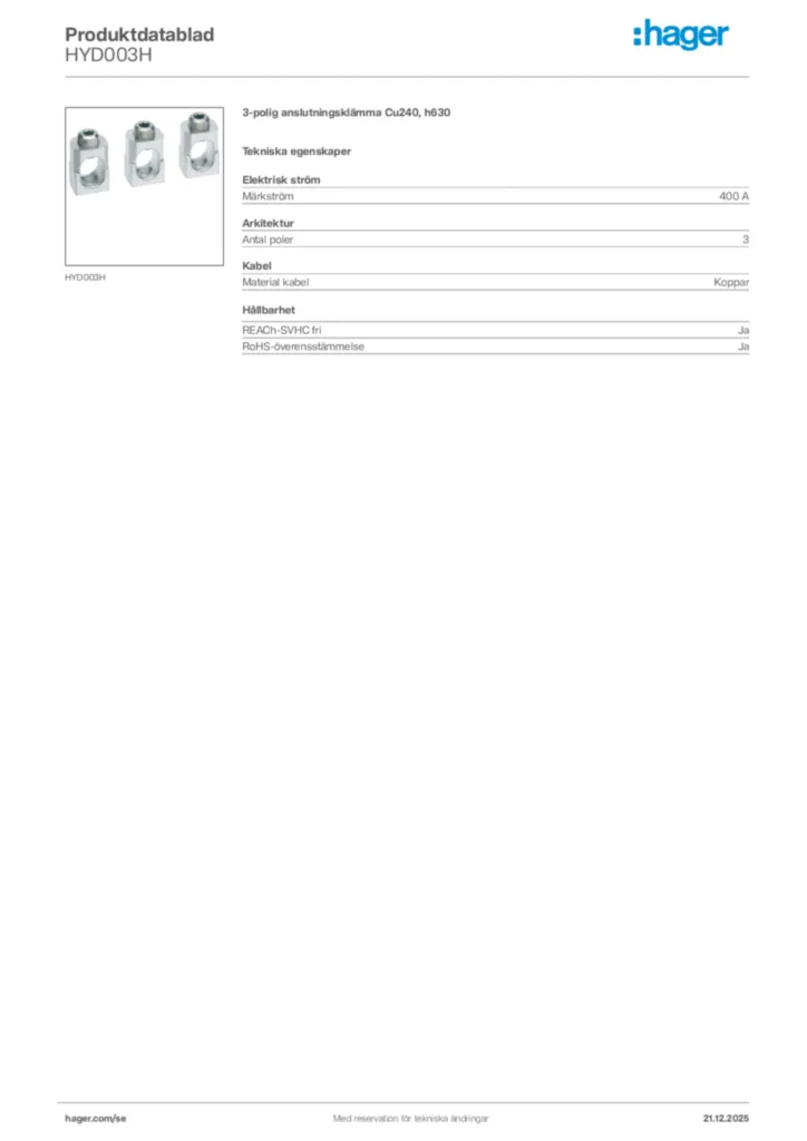 Bild Hager Produktdatablad HYD003H | Hager Sverige