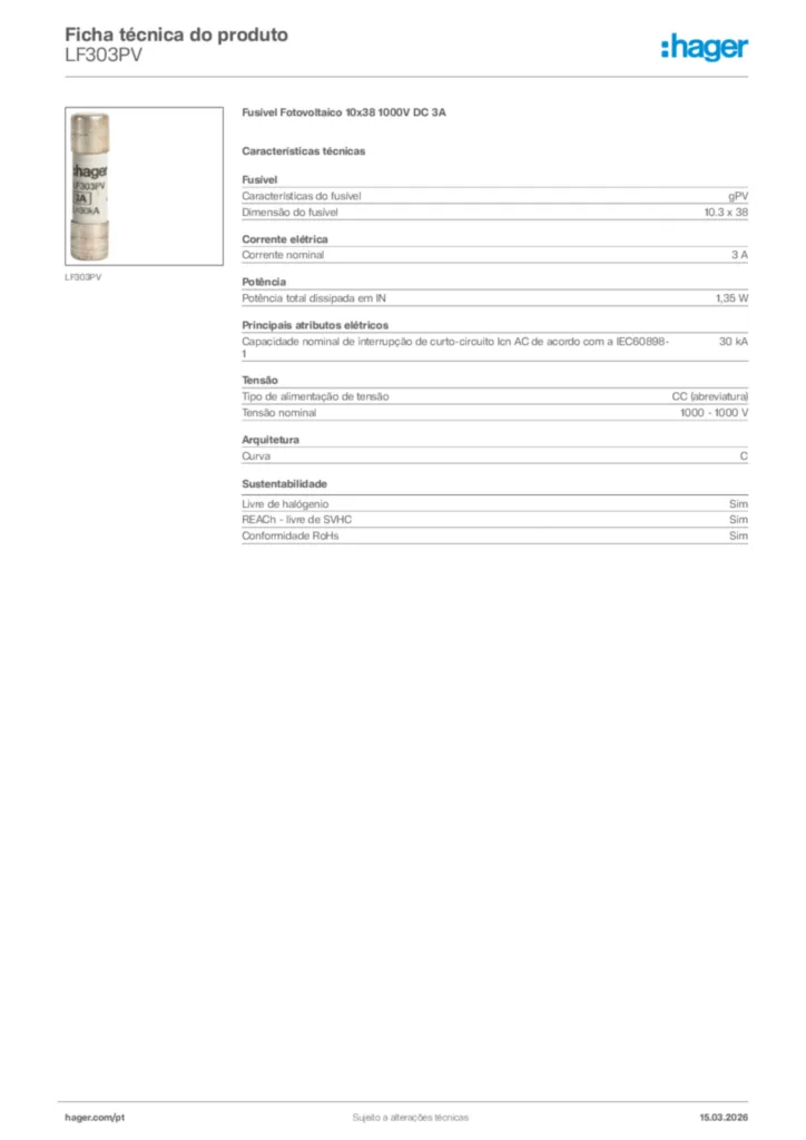 Imagem Hager Ficha técnica do produto LF303PV | Hager Portugal