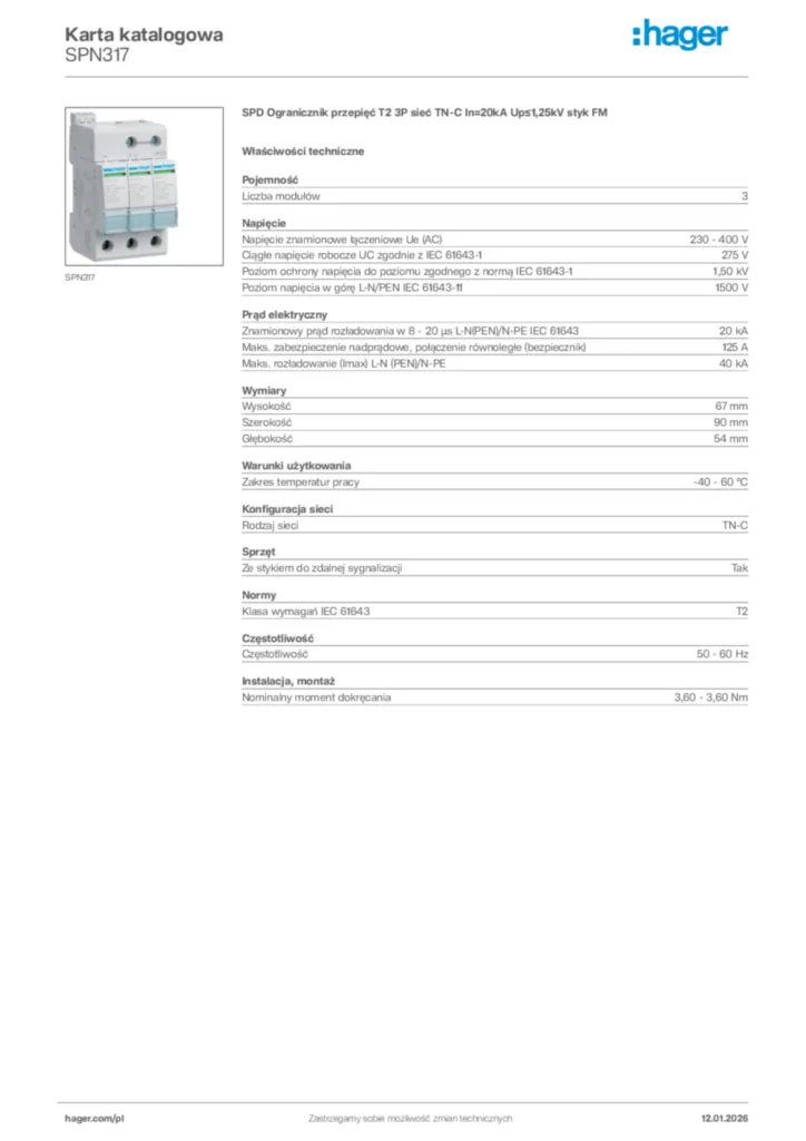 Zdjęcie Hager Karta katalogowa SPN317 | Hager Polska