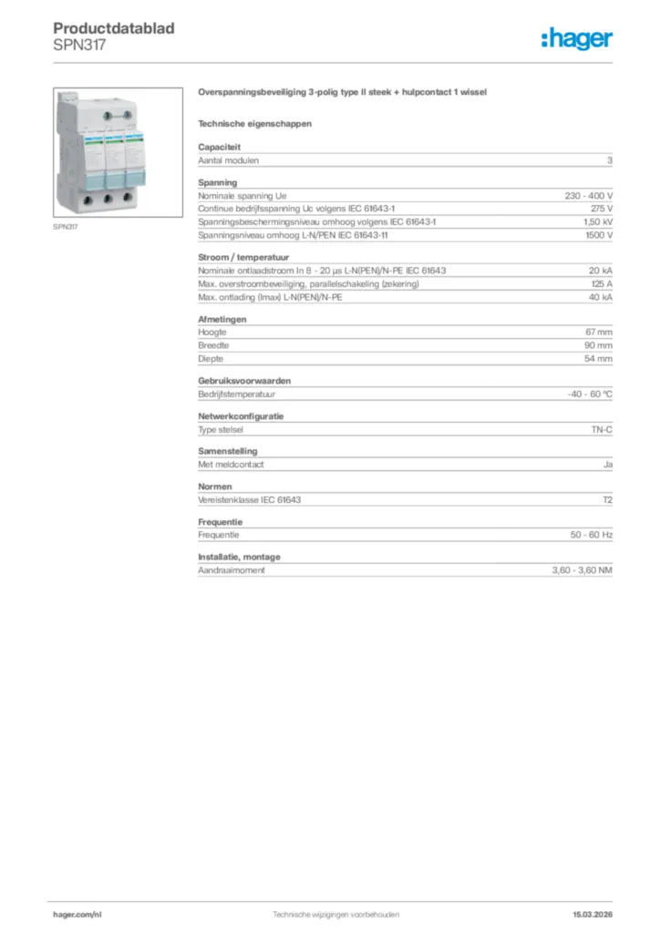 Afbeelding Hager Productdatablad SPN317 | Hager Nederland