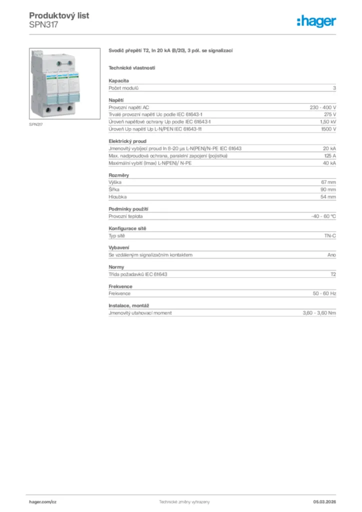 Obrázek Hager Product data sheet SPN317 | Hager