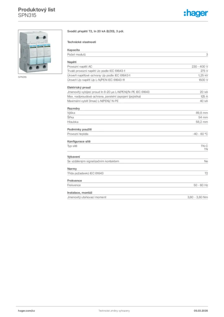 Obrázek Hager Product data sheet SPN315 | Hager