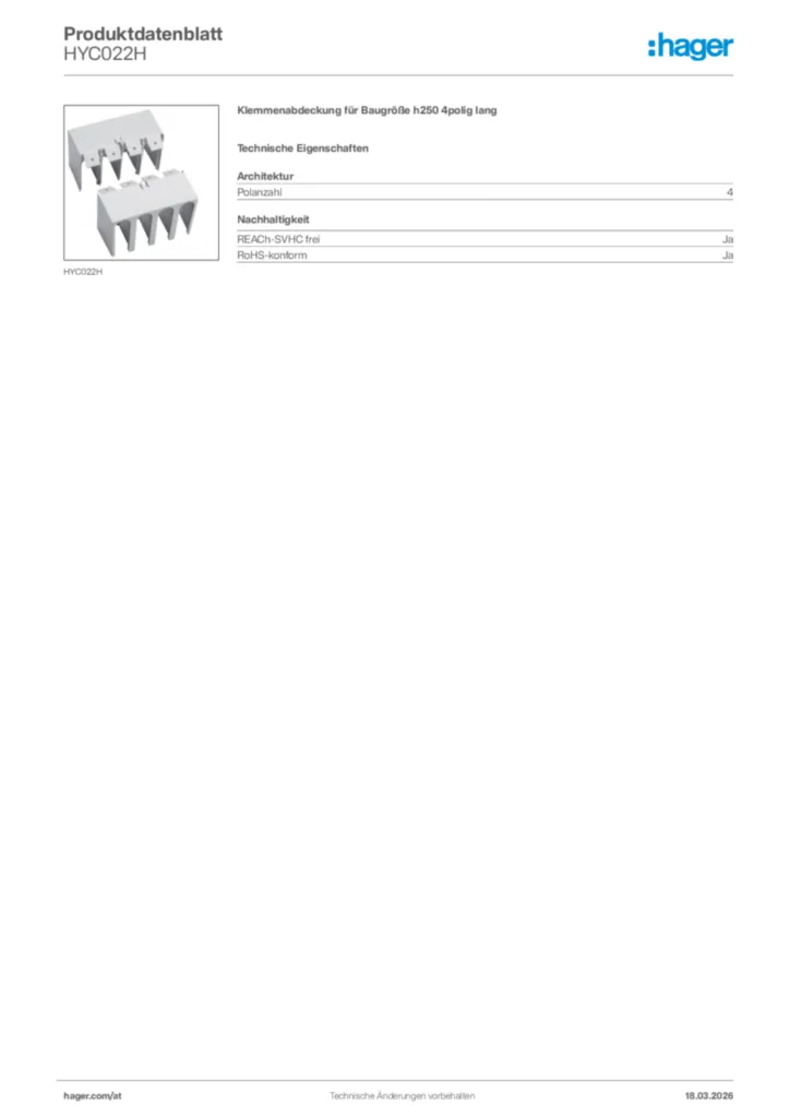 Bild Hager Produktdatenblatt HYC022H | Hager Deutschland