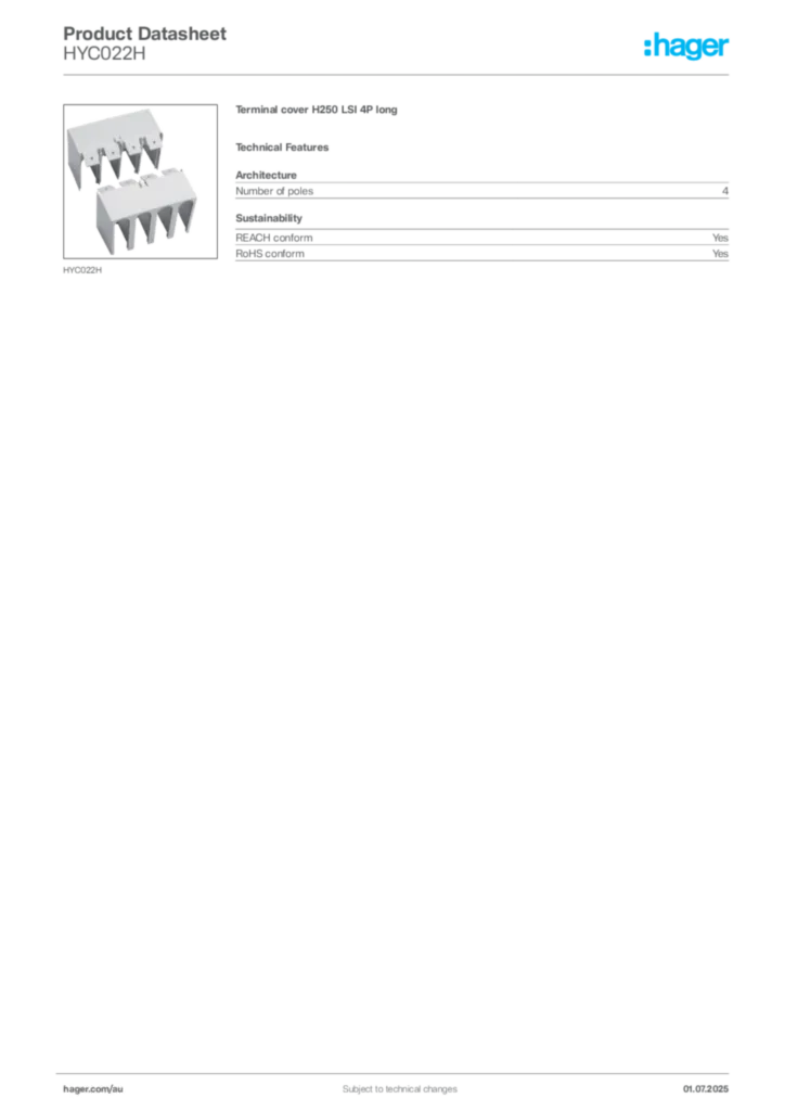 Image Hager Product data sheet HYC022H  | Hager Australia