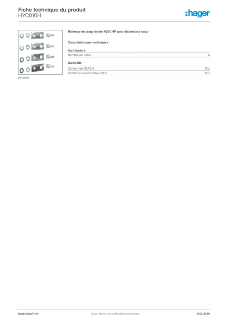 Image Hager Fiche technique du produit HYC010H | Hager Suisse