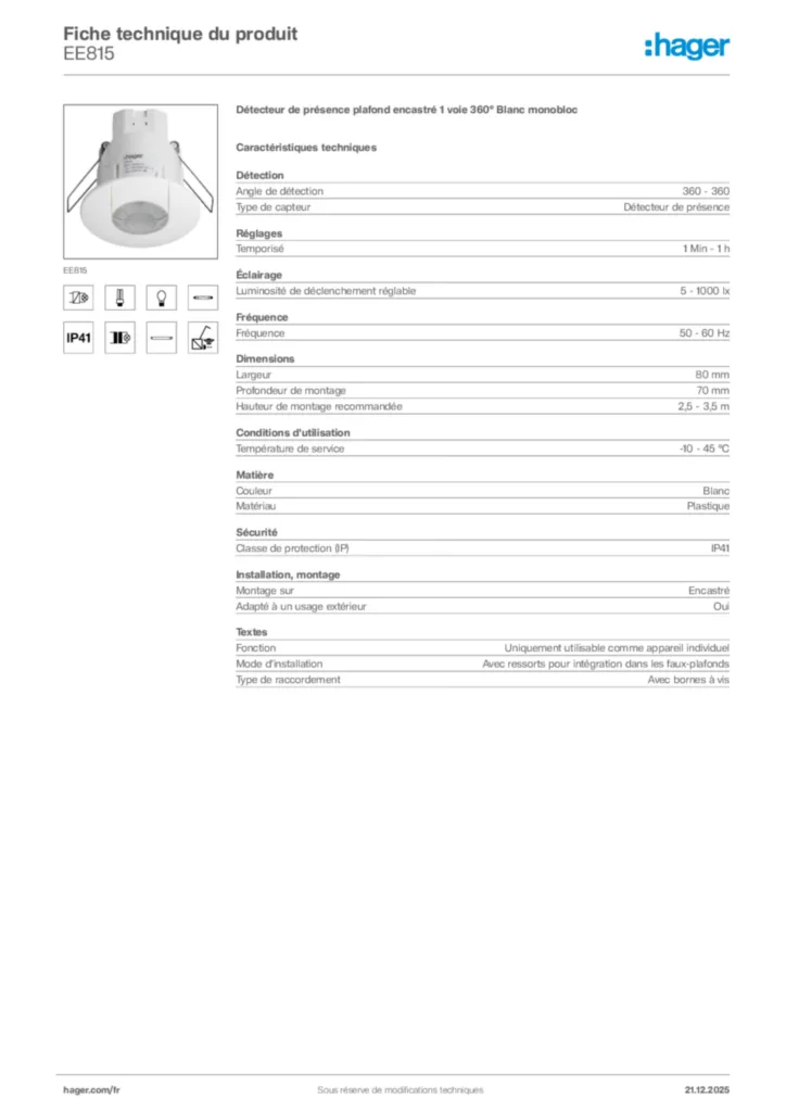 Image Hager Fiche technique du produit EE815 | Hager France