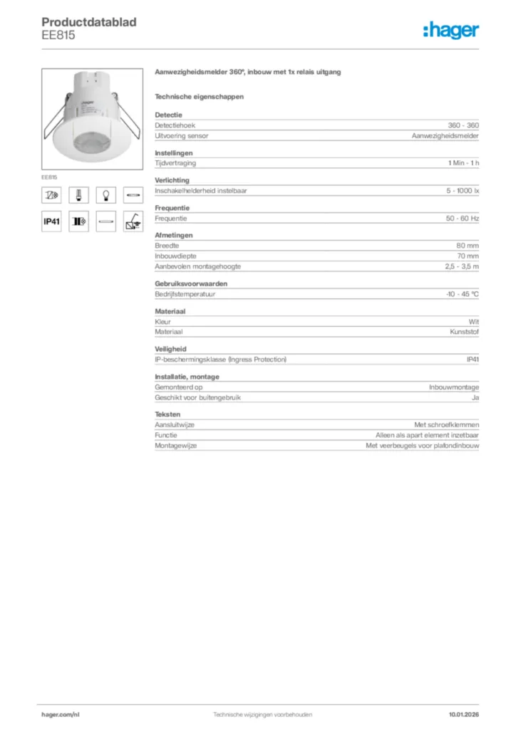 Afbeelding Hager Productdatablad EE815 | Hager Nederland