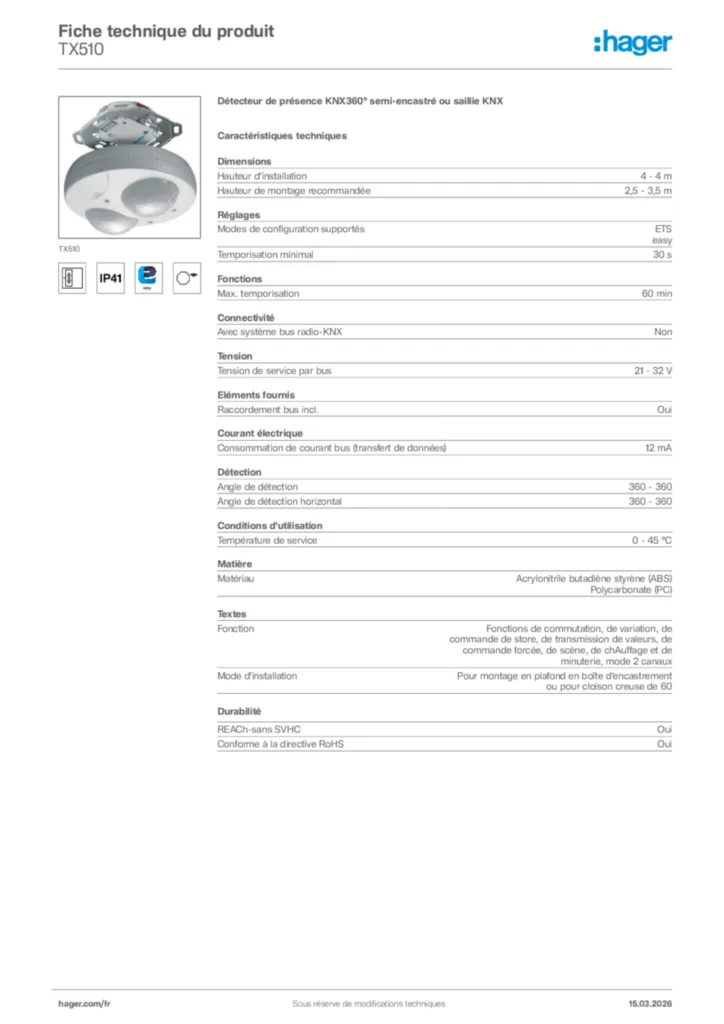 Image Hager Fiche technique du produit TX510 | Hager France