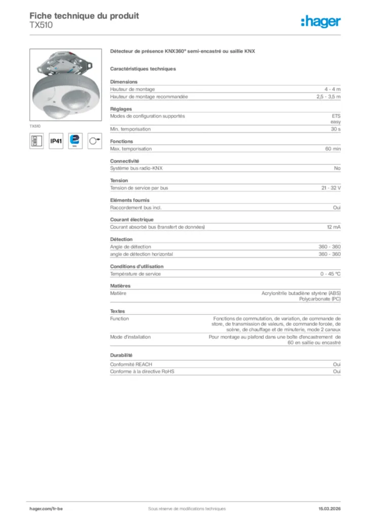 Image Hager Fiche technique du produit TX510 | Hager Belgique