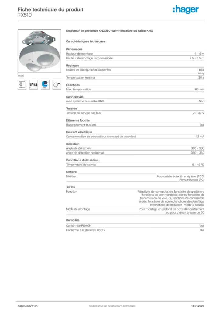 Image Hager Fiche technique du produit TX510 | Hager Suisse