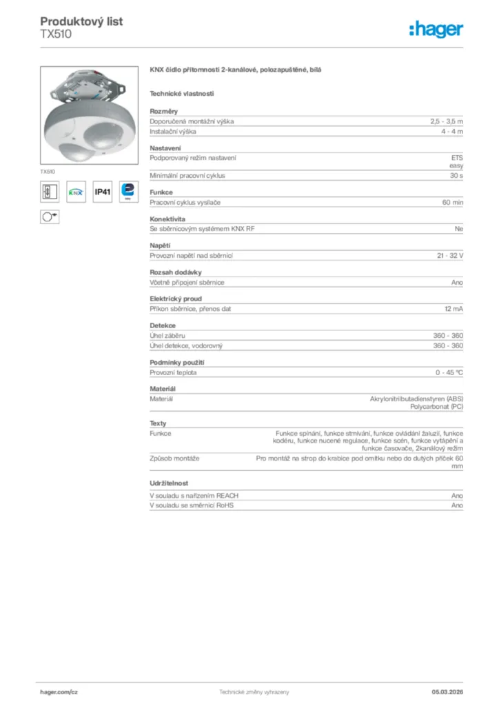 Obrázek Hager Product data sheet TX510 | Hager