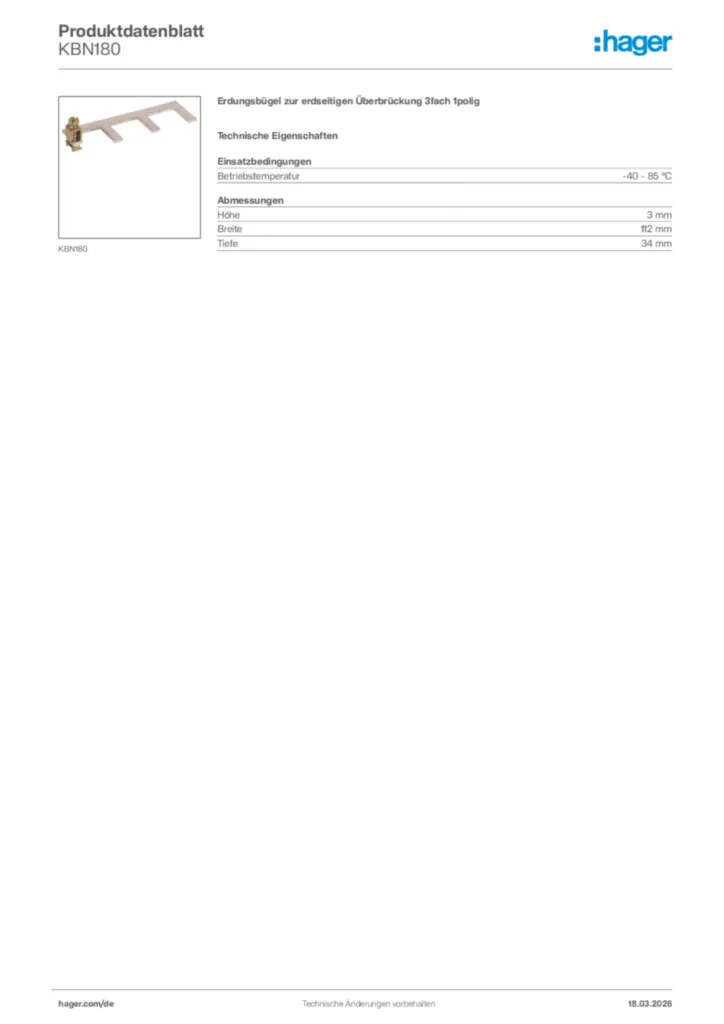 Bild Hager Produktdatenblatt KBN180 | Hager Deutschland