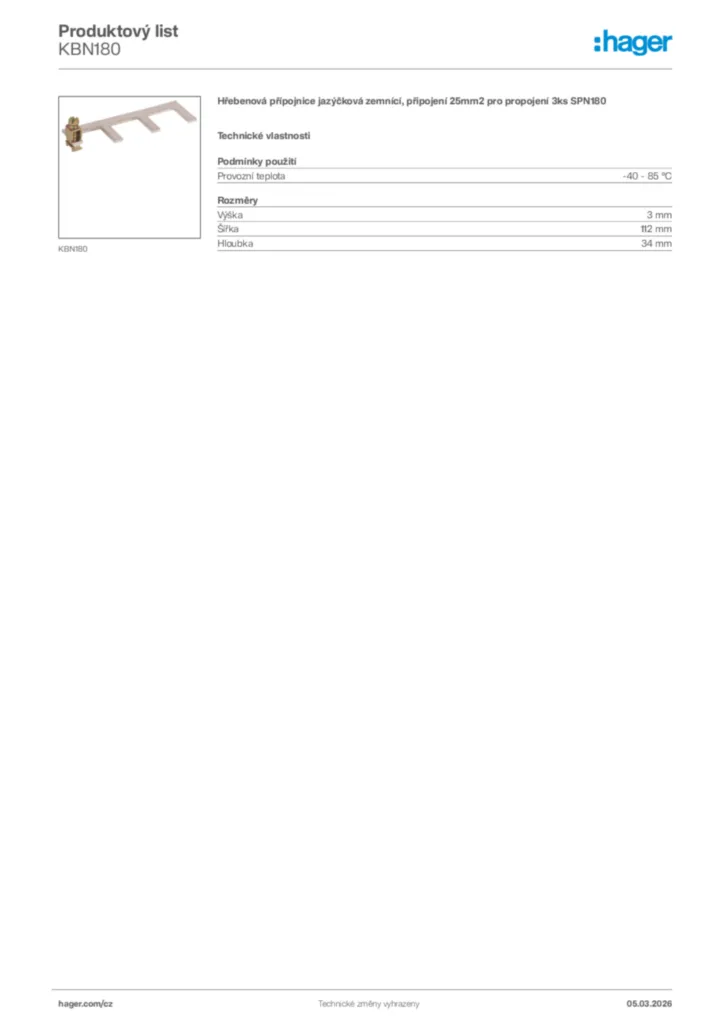 Obrázek Hager Product data sheet KBN180 | Hager