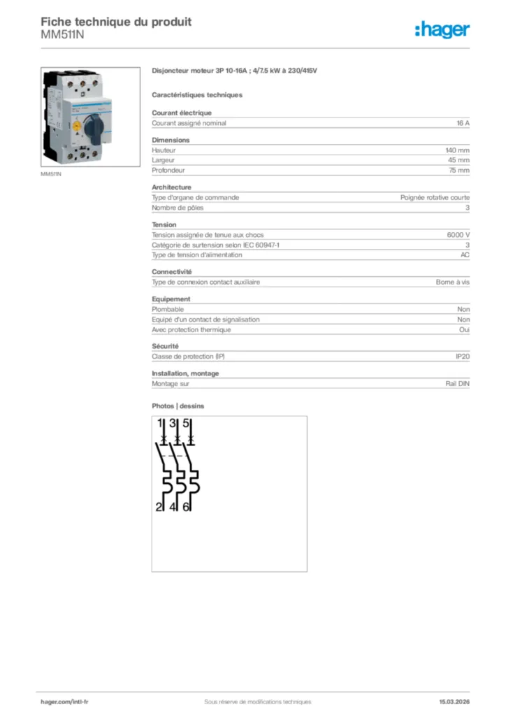 Image Hager Fiche technique du produit MM511N | Hager Afrique