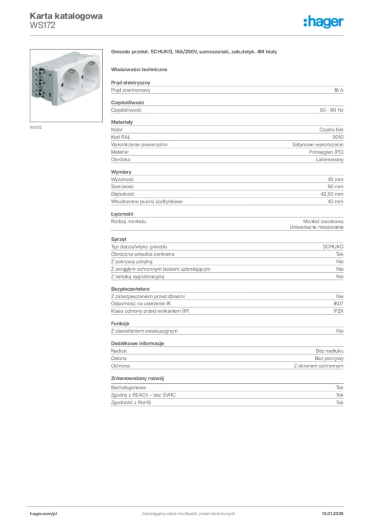 Zdjęcie Hager Karta katalogowa WS172 | Hager Polska