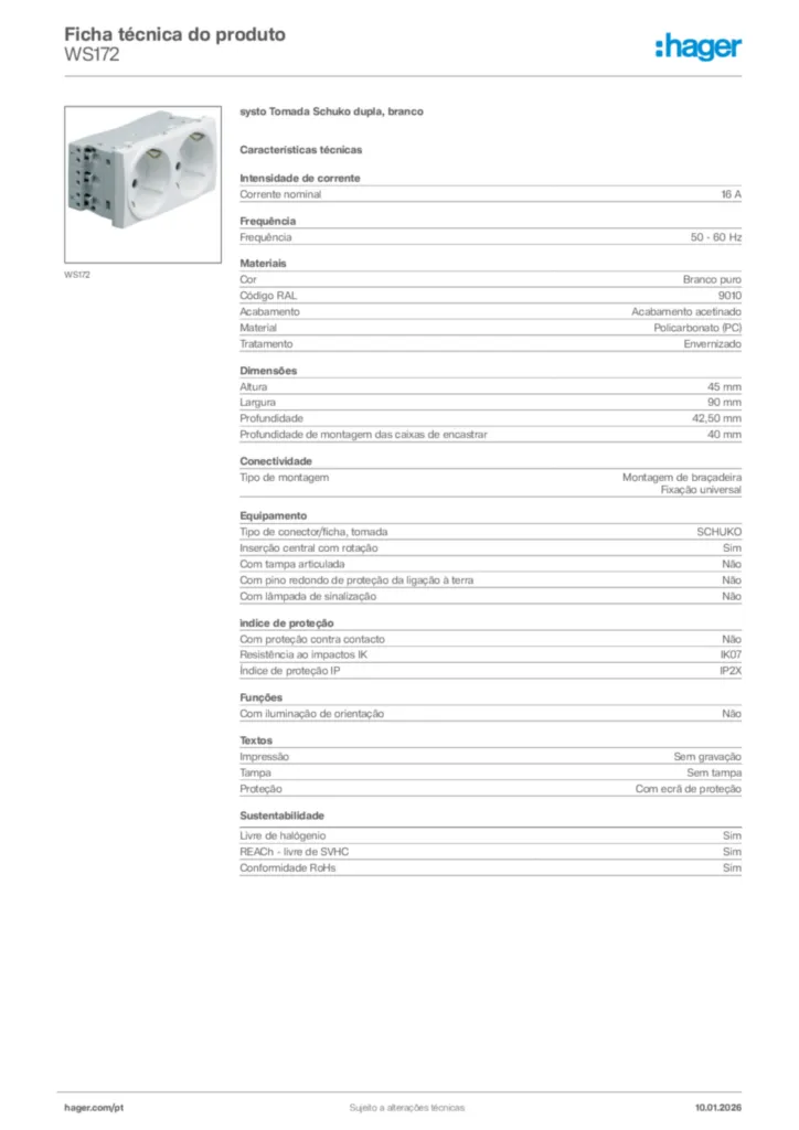 Imagem Hager Ficha técnica do produto WS172 | Hager Portugal