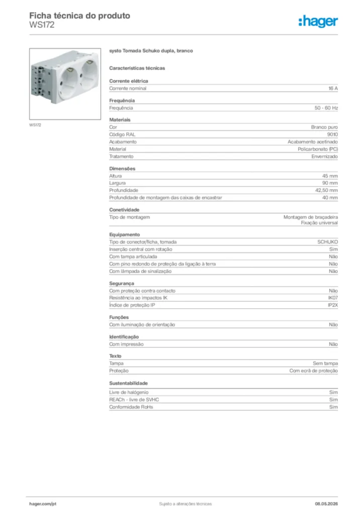 Imagem Hager Ficha técnica do produto WS172 | Hager Portugal