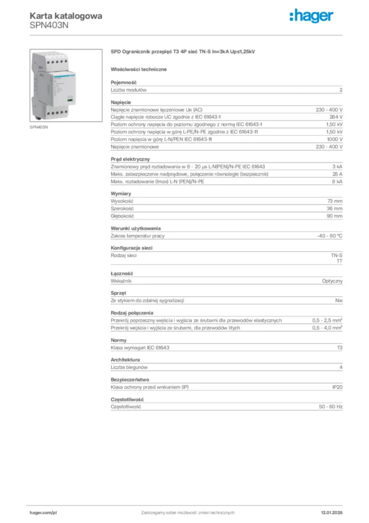 Zdjęcie Hager Karta katalogowa SPN403N | Hager Polska