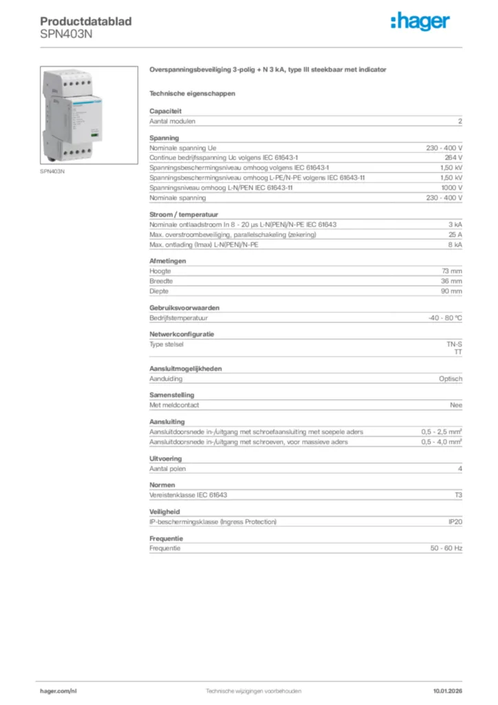 Afbeelding Hager Productdatablad SPN403N | Hager Nederland