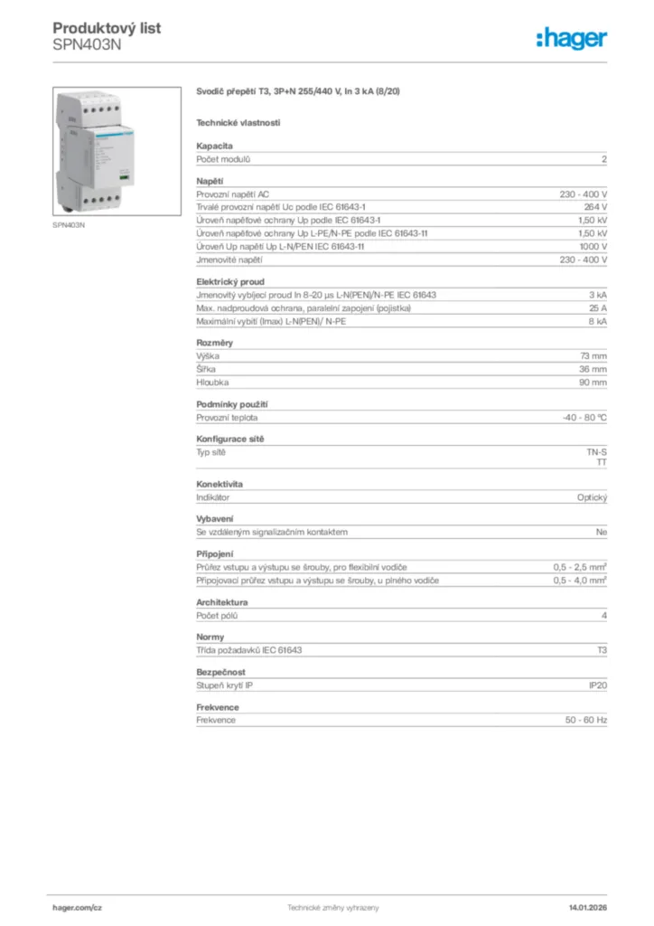 Obrázek Hager Product data sheet SPN403N | Hager