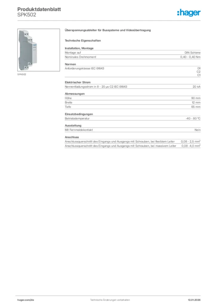Bild Hager Produktdatenblatt SPK502 | Hager Deutschland
