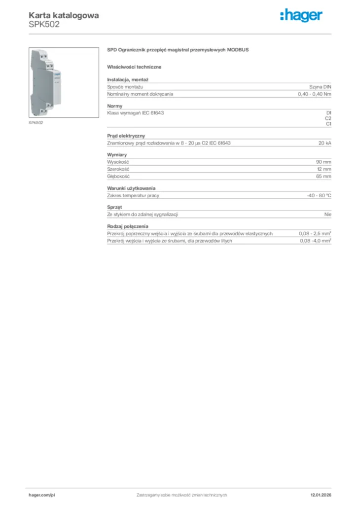 Zdjęcie Hager Karta katalogowa SPK502 | Hager Polska