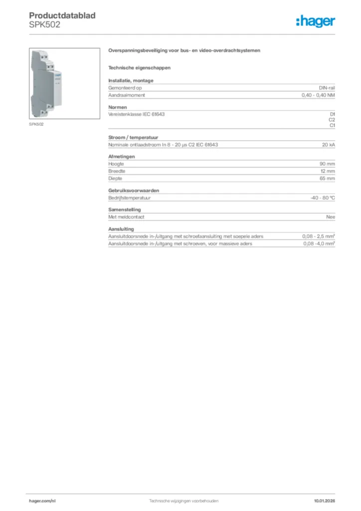 Afbeelding Hager Productdatablad SPK502 | Hager Nederland