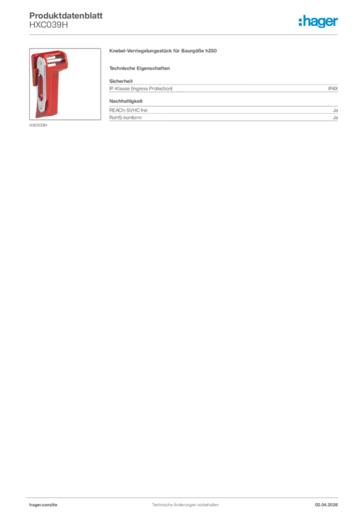 Bild Hager Produktdatenblatt HXC039H | Hager Deutschland