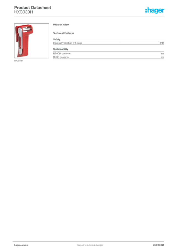 Image Hager Product data sheet HXC039H  | Hager