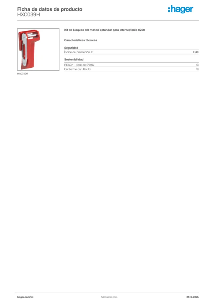 Imagen Hager Ficha de datos de producto HXC039H | Hager España