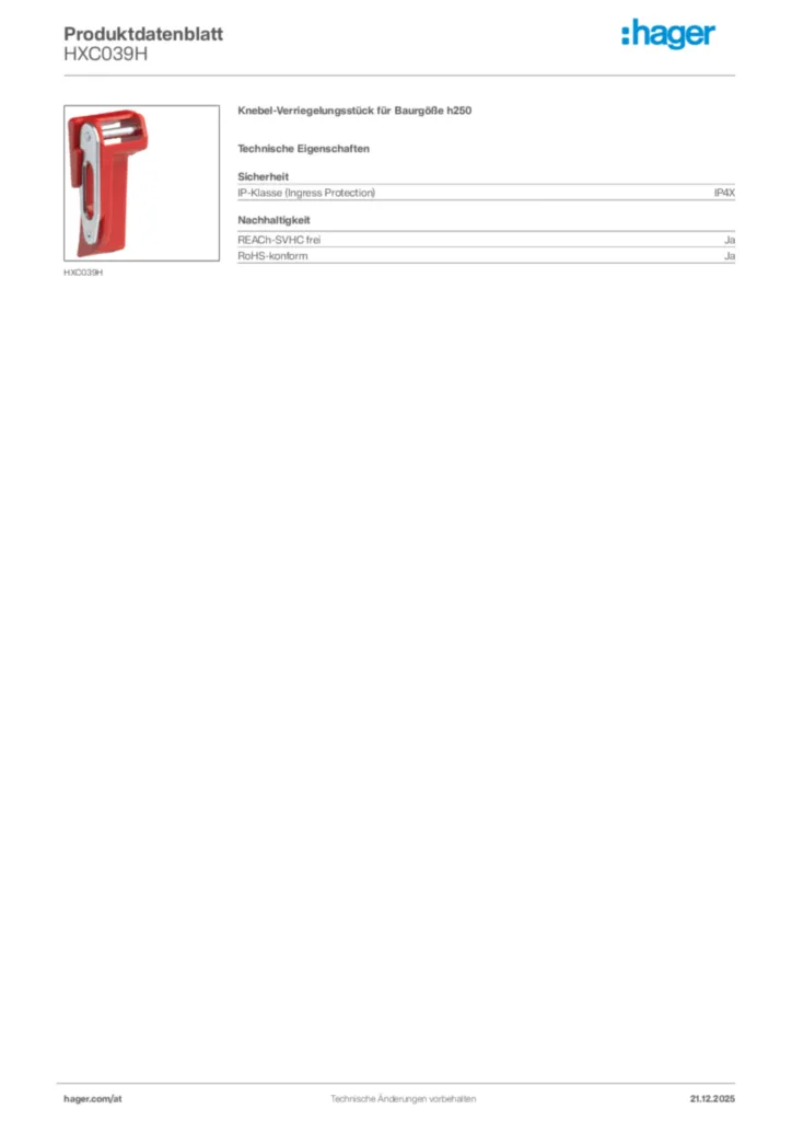 Bild Hager Produktdatenblatt HXC039H | Hager Deutschland
