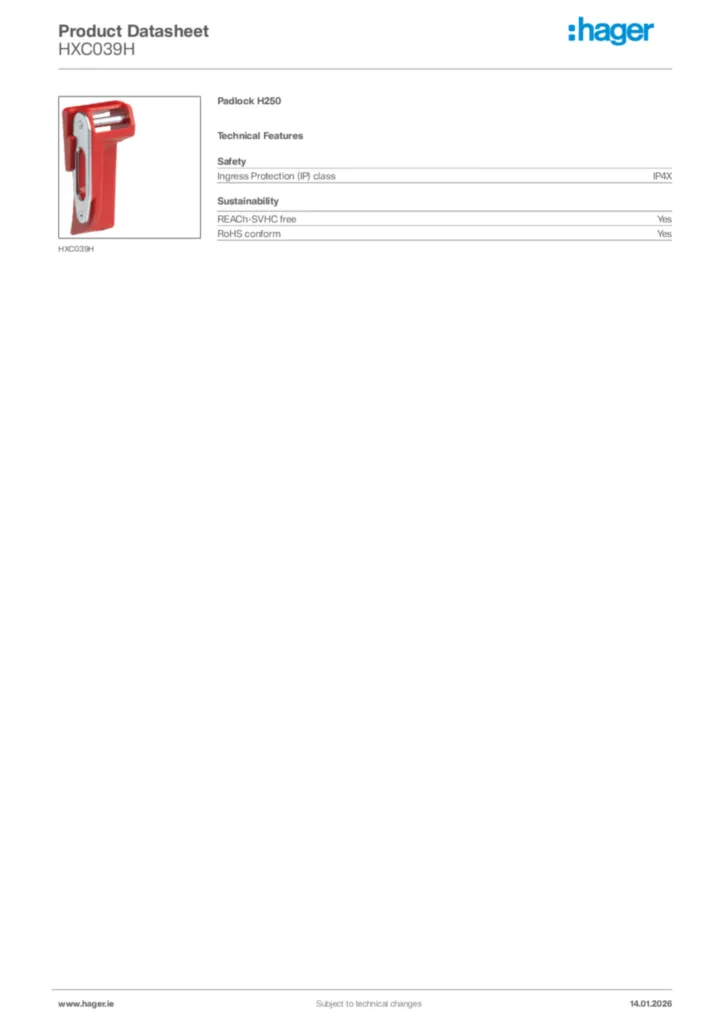 Image Hager Product data sheet HXC039H  | Hager