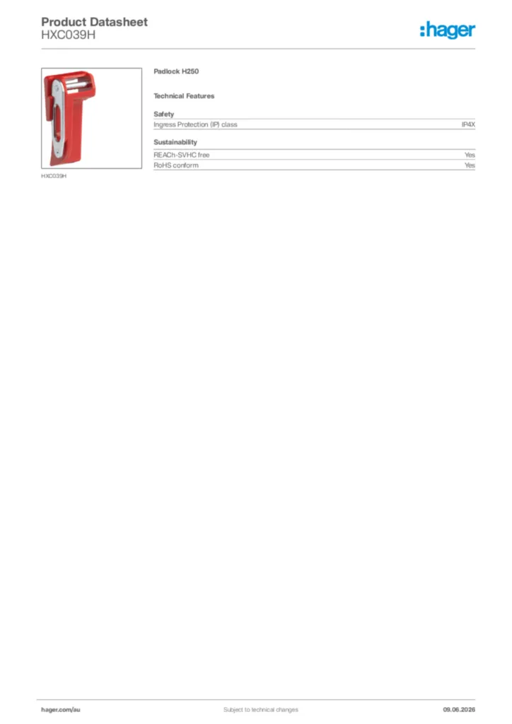 Image Hager Product data sheet HXC039H  | Hager Australia