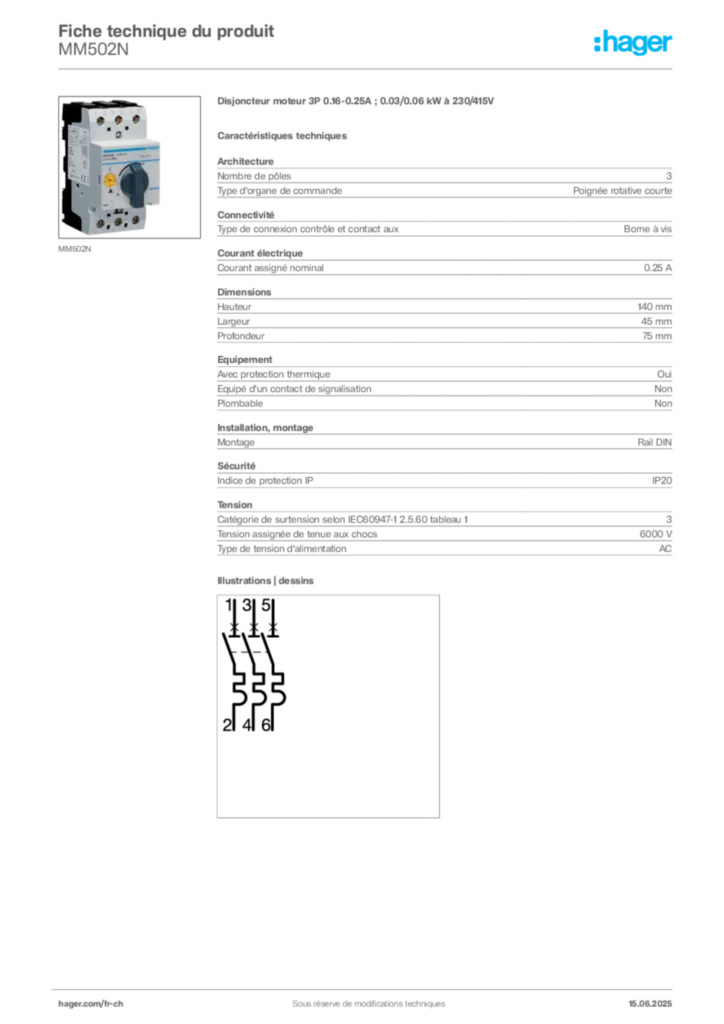 Image Hager Fiche technique du produit MM502N | Hager Suisse