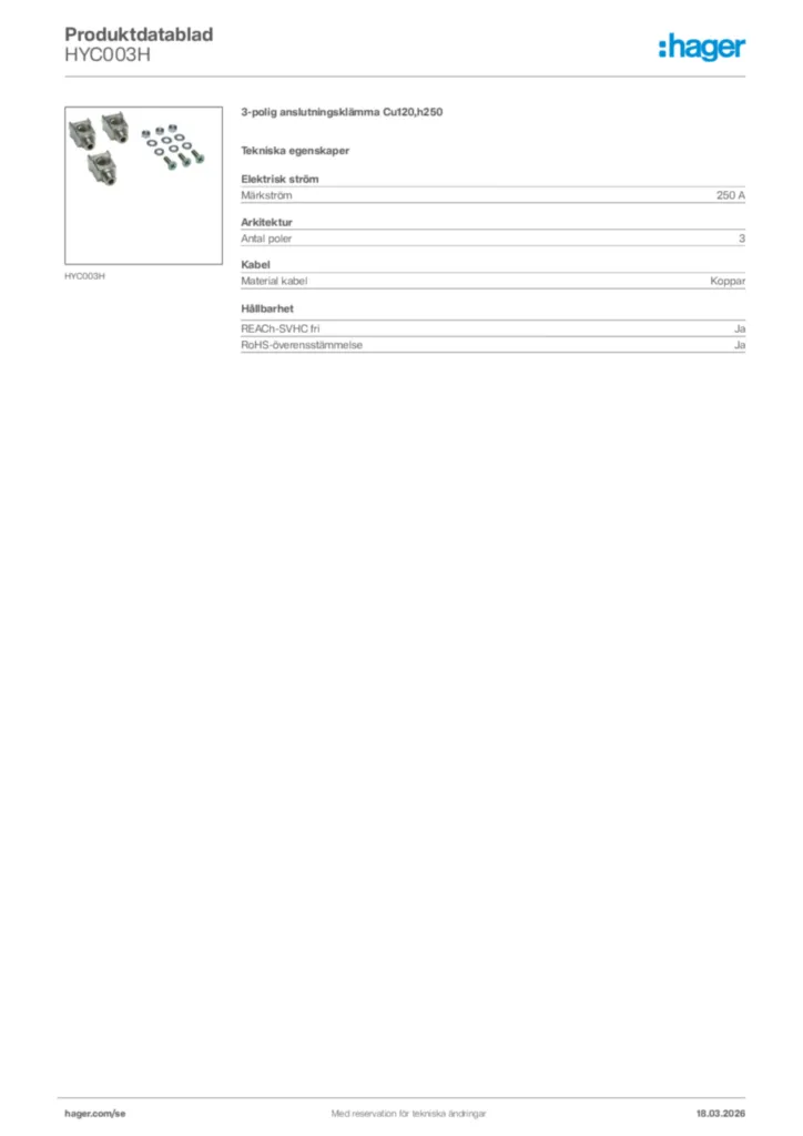 Bild Hager Produktdatablad HYC003H | Hager Sverige