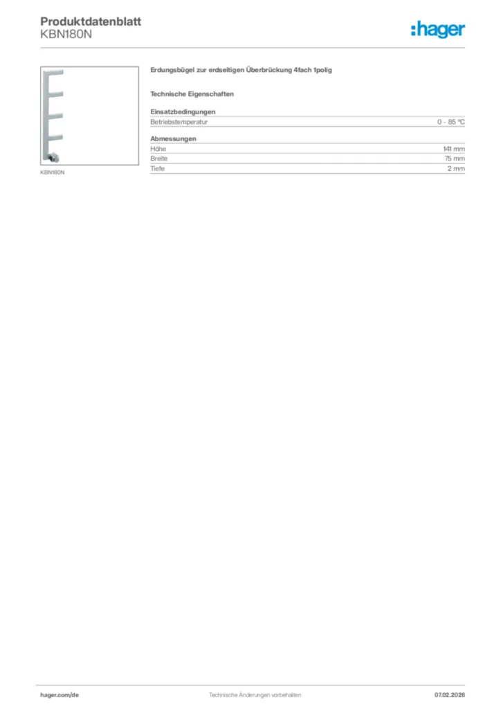 Bild Hager Produktdatenblatt KBN180N | Hager Deutschland