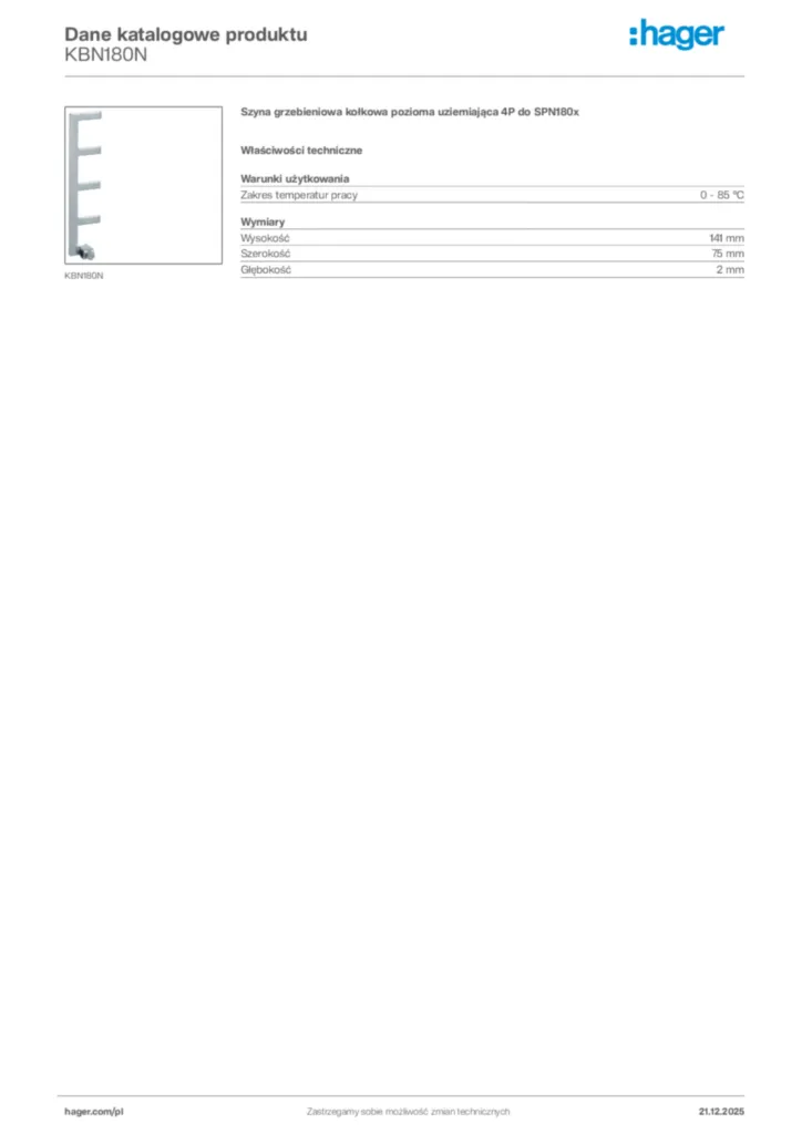 Zdjęcie Hager Dane katalogowe produktu KBN180N | Hager Polska