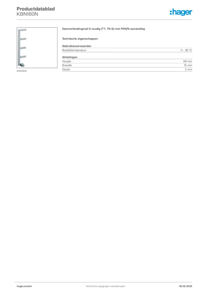 Afbeelding Hager Productdatablad KBN180N | Hager Nederland