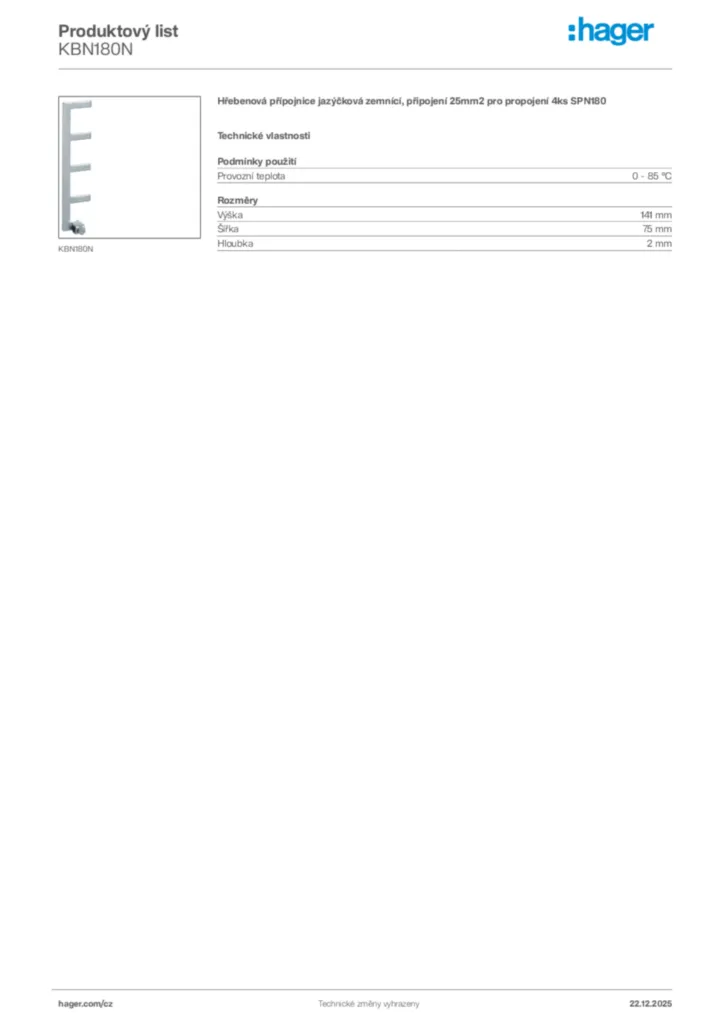 Obrázek Hager Produktový list KBN180N | Hager