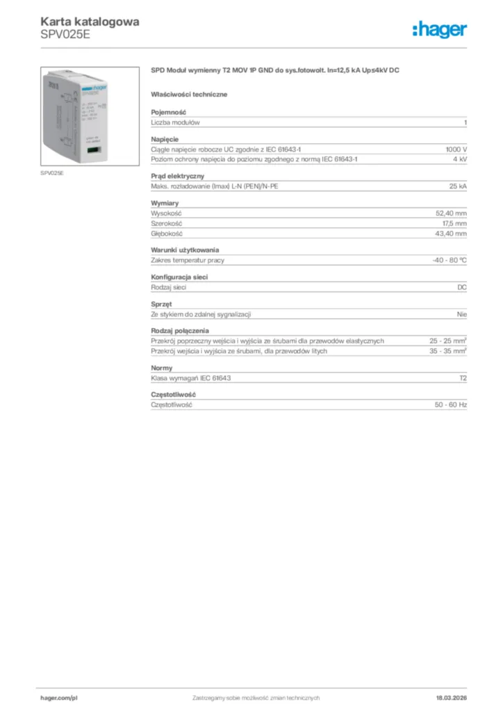 Zdjęcie Hager Karta katalogowa SPV025E | Hager Polska
