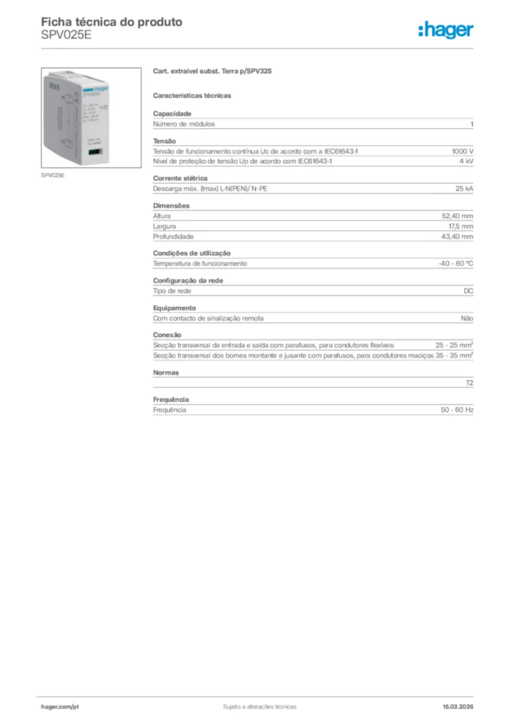 Imagem Hager Ficha técnica do produto SPV025E | Hager Portugal