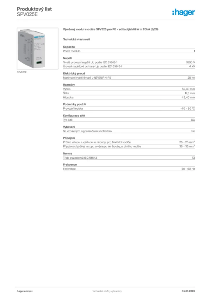 Obrázek Hager Product data sheet SPV025E | Hager