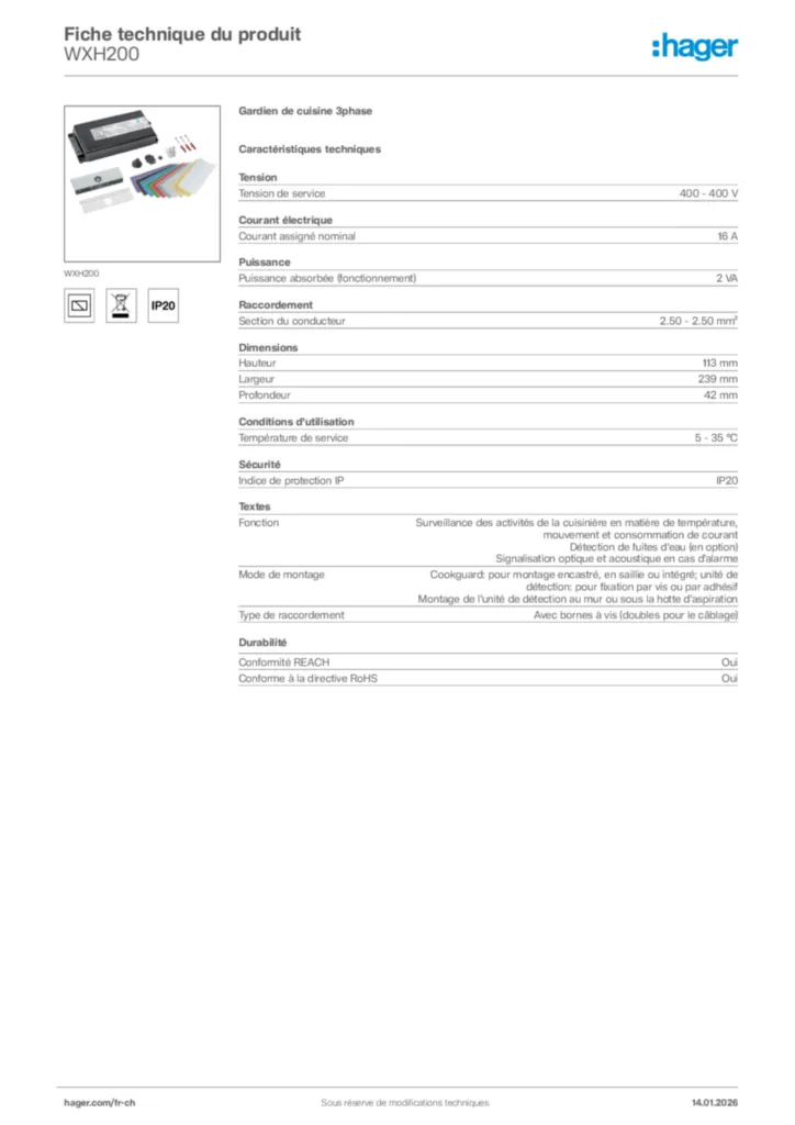 Image Hager Fiche technique du produit WXH200 | Hager Suisse
