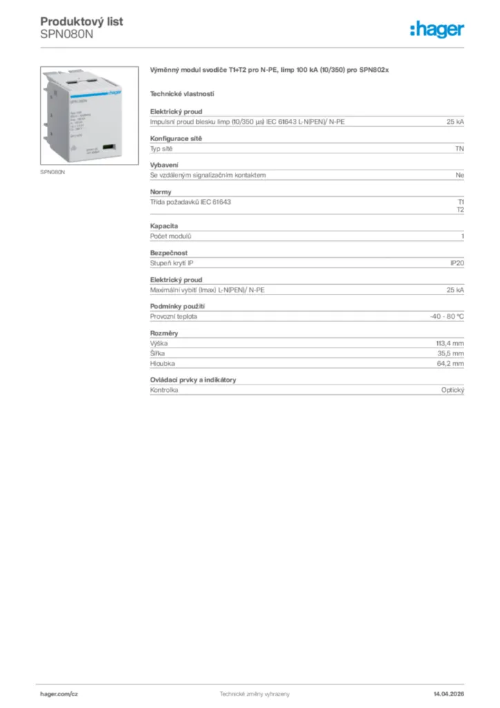 Obrázek Hager Product data sheet SPN080N | Hager